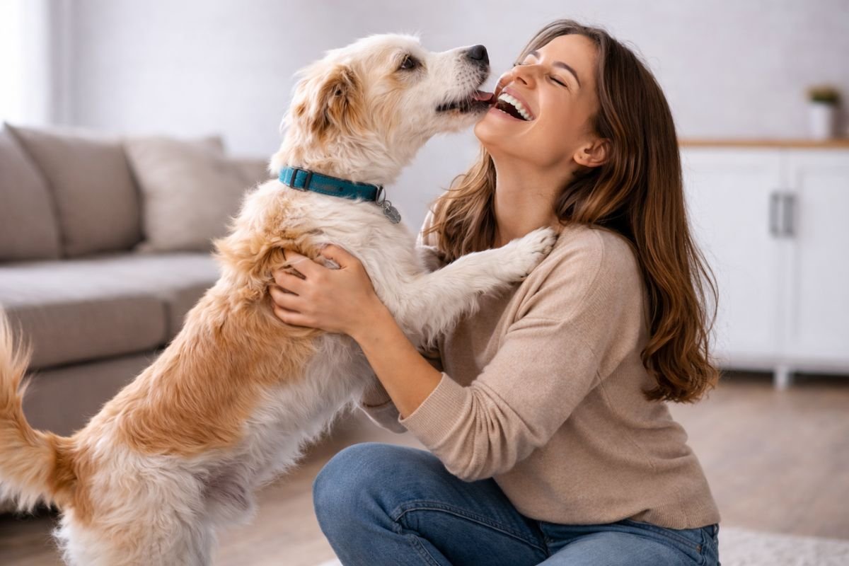 Pet owner enjoys time with her well behaved dog.