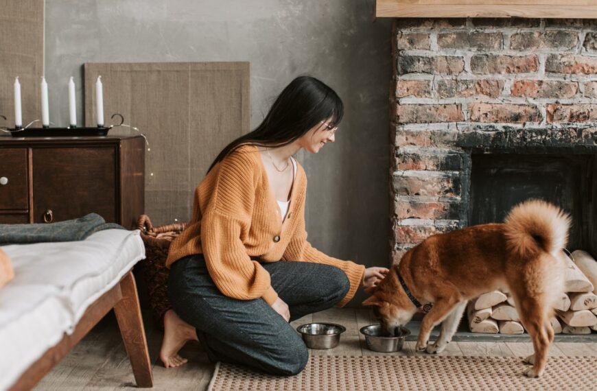 A woman feeds her new dog.